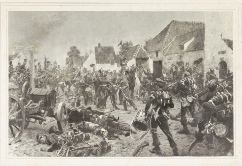 First meeting of Dutch and Prussian troops after the Battle of Waterloo near 'Maison du Roi', Painting of the meeting of Dutch and Prussian troops after the Battle of Waterloo, 1815, reproduction, Reproduction of the painting by Hoynck van Papendrecht depicting the meeting of Dutch and Prussian troops after the Battle of Waterloo, in the hamlet 'Maison du Roi', on June 18, 1815. On the right are the Dutch soldiers of Battalion 19 of the National Militia. The two armies meet between the houses of the village. See the accompanying key., maker: Topografische Inrichting, Netherlands, after painting by Jan Hoynck van Papendrecht, 1903-04, paper, collotype, photogravure, height 348 mm x width 545 mm, victor (after the battle), Battle of Waterloo, Waterloo, Period, 1815-06-18, A wide monochrome scene showing a chaotic street filled with soldiers, debris, and bodies. In the foreground several fallen figures lie on the ground near broken wheels and scattered equipment, while marching drummers a...