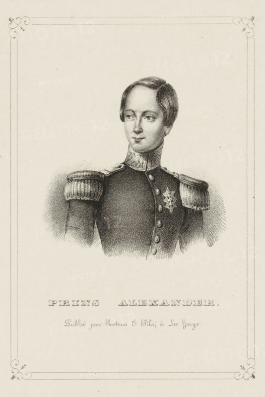 Portrait of Alexander I, Prince of the Netherlands, print, Portrait of Alexander I in an ornamented rectangle. In the lower margin his name and title., Netherlands, publisher: Soetens & Fils, The Hague, c. 1837 - c. 1840, printmaker, paper, lithography, height 215 mm x width 152 mm, The title mentioned here refers to the highest title obtained by the sitter, not necessarily to the title the sitter bears in this image., Person, Alexander (Prince of the Netherlands, Prince of Orange-Nassau), A monochrome lithographic portrait of a young man shown from the chest up wearing a dark military uniform with decorative epaulettes and a high collar, his hair short and neatly parted, his face turned slightly to one side with a neutral expression, a star-shaped medal on his chest, the figure centered on a light textured background framed by a thin decorative border with ornamental corner flourishes.