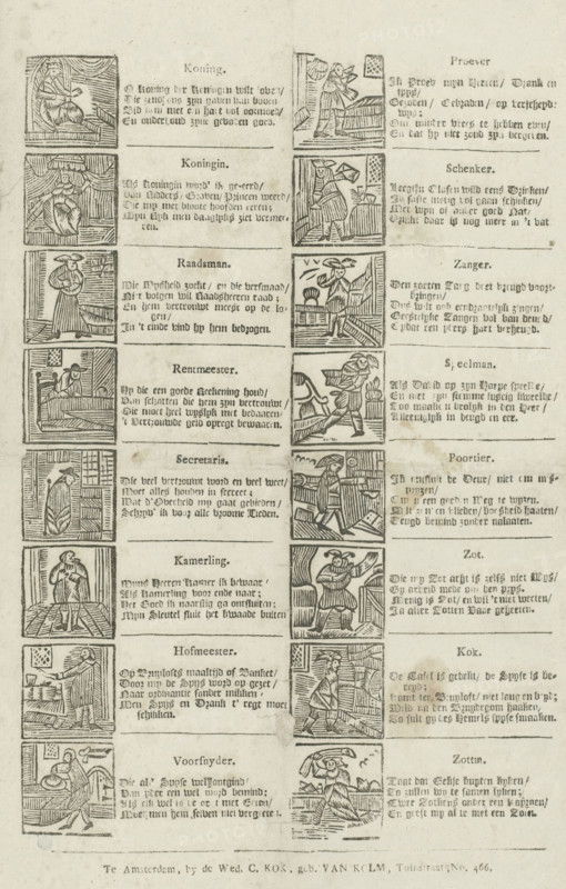 Three Kings' cards, card game, print, popular print, Sheet with 16 depictions (Three Kings' cards) of various functions within the court, including a counselor, a taster, and a doorman. To the right of each image a four-line verse., publisher: widow C. Kok née Van Kolm, Amsterdam, Netherlands, 1842 - 1866, printmaker, paper, woodcut, letterpress printing, woodcut and text in letterpress, height 339 mm x width 202 mm, royal household, courtiers, retinue, train, Twelfth Night, usually falling on the eve of January 6, Epiphany, The image shows a vertically oriented sheet divided into two columns of rectangular panels, each panel containing a small woodcut-style illustration of a single human figure engaged in various actions, with blocks of printed text adjacent to each illustration; the left column panels show figures in seated or standing poses inside simple interior settings with draped fabrics, furniture, or windows, while the right column panels show figures in motion or carrying obj...