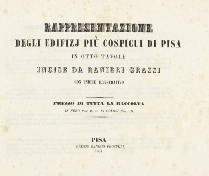 Representations of the most prominent buildings in Pisa, Rappresentazione, Degli edifizj più cospicui di Pisa, wrapper, text sheet, Cover with explanation for a series of eight prints with views of Pisa by Raniero Grassi. Text in Italian., publisher: Ranieri Prosperi, Pisa, 1854, Tuscany, paper, letterpress printing, text in letterpress, height 222 mm x width 570 mm, A faded sheet with an aged, mottled background and a series of bold printed lines arranged vertically across the upper and middle area, each line set in different serif display styles with decorative shading and varying stroke widths, separated by thin horizontal rules and surrounded by blank, lightly spotted paper.