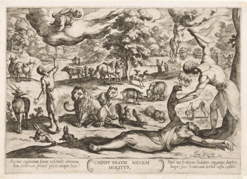 Cain kills Abel, Cainus fratri necem molitur, Old Testament battle scenes, print, Series number, 1, 24, Cain kills his brother Abel with a donkey's jawbone in a landscape full of wild animals. In the background on the right, Cain and Abel both make an offering to God. In the foreground on the left, Cain is banished by God. In the background on the left, Cain receives his mark. Title and caption in Latin in the bottom margin. Numbered lower right: 1., printmaker: Antonio Tempesta, Italy, 1613, Antonio Tempesta, printmaker, paper, etching, intaglio printmaking technique, etching with plate tone, height 204 mm x width 288 mm, Series of 24 prints (title print) with Old Testament battle scenes., the sacrifice of Cain and Abel: Abel offers a lamb, Cain usually a sheaf of corn, Abel's death, the curse of Cain, the story of Cain and Abel (Genesis 4:3-17), God puts a mark on Cain, A wide monochrome engraving shows a pastoral landscape populated by many animals and human figures. In the foregrou...