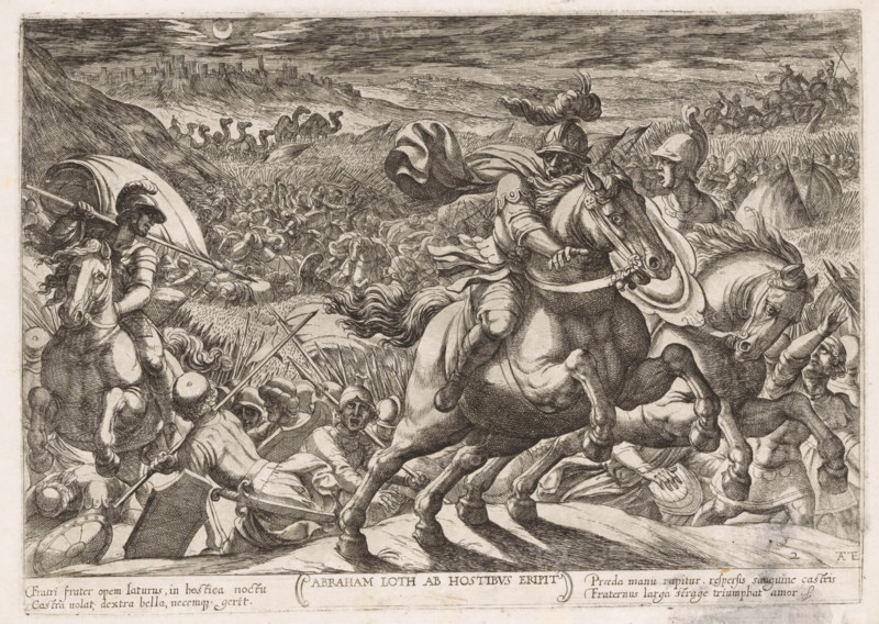 Lot liberated by Abraham, Abraham Loth ab hostibus eripit, Old Testament battle scenes, print, Series number, 2, 24, Abraham and the homegrown army of 318 persons in battle with Kedorlaomer and his allies to liberate Lot. Title and caption in Latin in the lower margin. Numbered lower right: 2., printmaker: Antonio Tempesta, Italy, 1613, paper, etching, intaglio printmaking technique, etching with plate tone, height 203 mm x width 287 mm, Series of 24 prints (title print) with Old Testament battle scenes., Abraham liberates Lot, recovers the stolen goods and returns in triumph, A densely detailed black-and-white engraving of a chaotic battle scene showing armored horsemen and foot soldiers amid clashing spears and shields, with a central mounted figure wearing a plumed helmet and swirling cloak leaning forward on a rearing horse, another rider at left thrusting a spear from beneath a large curved shield, fallen and struggling figures on the ground, a panicked horse with wide eyes and fl...