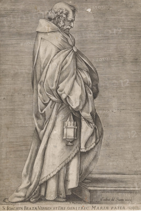 High Priest Zacharias, Saint Joachim, print, The High Priest Zacharias with censer. The birth of John the Baptist was foretold to Zacharias by the Archangel Gabriel. The angel appeared to Zacharias at the moment he was offering incense in the temple. In the lower margin, the figure is incorrectly identified as Saint Joachim, the father of Mary., printmaker: Domenico Vito, Italy, after painting by Andrea del Sarto, 1580, paper, engraving, intaglio printmaking technique, engraving with plate tone, height 277 mm x width 187 mm, Print after the figure of Zacharias in a fresco by Andrea del Sarto in the Chiostro dello Scalzo in Florence., the father of Mary, Joachim, possible attributes: book, two doves, lamb, (shepherd's) staff, annunciation of the birth of John the Baptist to Zacharias: while he is offering incense in the temple an angel (Gabriel) appears to him, A grayscale engraved image of an elderly man in profile facing right, wearing a voluminous hooded cloak with deep folds and a c...
