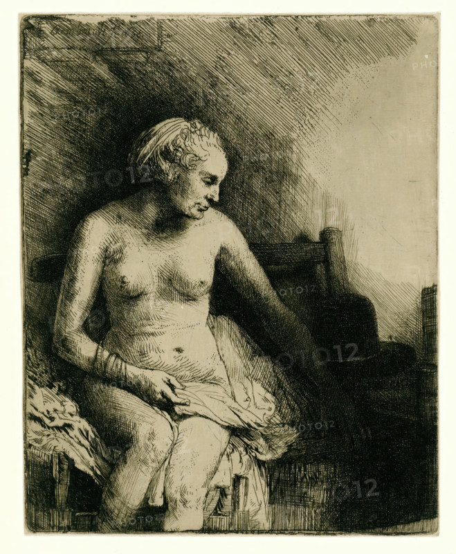 Woman at the Bath with a Hat beside her, print, signature and date: 'Rembrandt f. 1658', printmaker: Rembrandt van Rijn, 1658, paper, Japanese paper (handmade paper), etching, drypoint, intaglio printmaking technique, etching and drypoint, printed with plate tone on Japanese paper, height 158 mm x width 127 mm, A monochrome etching shows a seated nude woman turned slightly to her left with her head bowed and eyes closed, short hair drawn back with visible curls, one arm resting on a chair back and the other hand holding a draped cloth over her lap, her torso and breasts exposed with fine crosshatched shading, a wooden chair with a high back behind her, textured background with dense diagonal and crosshatching creating shadow on the left and lighter area on the right, fabric folds and seat details beneath her, and detailed line work emphasizing contours and shadows.