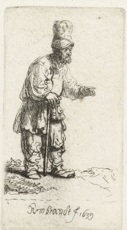 A peasant in a high cap, standing leaning on a stick, print, inscription: 'Coppier', signature and date: 'Rembrandt f. 1639', printmaker: Rembrandt van Rijn, 1639, paper, etching, height 82 mm x width 44 mm, the ages of man (old male (human being)), An etching of a standing bearded man wearing a tall fur hat and loose, layered clothing, leaning on a cane with one hand while the other hand is extended forward, showing textured shading and fine line work on his garments, boots, and the ground beneath him.