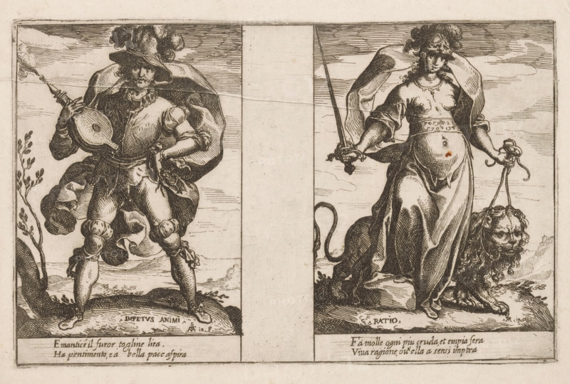 Impetuosity and Reason, Attributes of the Soul, print, Two representations of personifications. Left: Impetuosity (Impetus Animi) as a man with a feathered hat and a bellows. Right: Reason (Ratio) as a woman with a sword and a lion. Both representations with two lines of Italian verse in the lower margin., printmaker: Raffaello Schiaminossi, Italy, c. 1605, paper, etching, intaglio printmaking technique, etching with plate tone, height 155 mm x width 243 mm, This print is part of the series 'Attributi dell'Anima', consisting of twelve personifications printed from six plates., beasts of prey, predatory animals: lion, Rationality, Reasoning, 'Ratiocinatione o Discorso' (Ripa), bellows, A sepia-toned engraving split vertically into two panels shows on the left a man in a plumed hat and flowing cloak standing with legs apart on uneven ground, one hand on his hip and the other holding a stringed lute-like instrument; he wears puffed sleeves, a doublet, and boots with decorative folds, and ...