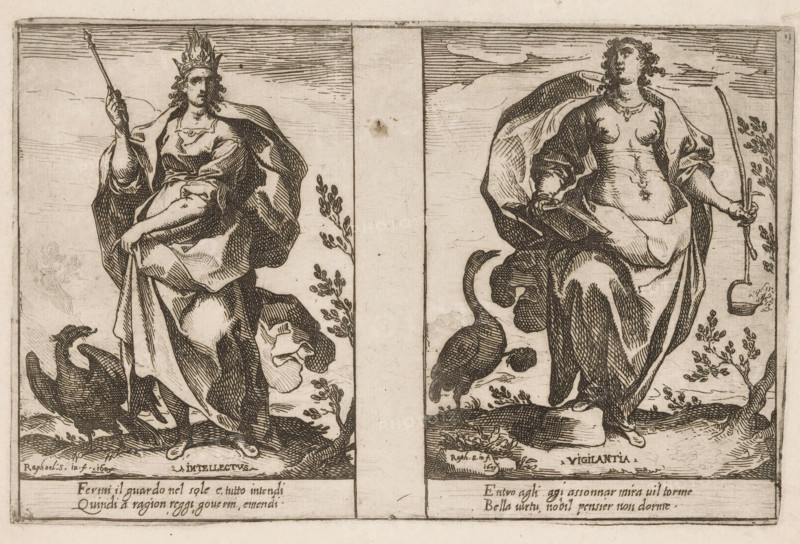Intellect and Vigilance, Attributes of the Soul, print, Two representations of personifications. Left: Intellect (Intellectus) as a woman with a scepter and a burning crown. At her feet an eagle. Right: Vigilance (Vigilantia) as a woman with a book and an oil lamp. At her feet a crane, standing on one leg and holding a stone in its raised claw. Both representations with two lines of Italian verse in the lower margin., printmaker: Raffaello Schiaminossi, Italy, c. 1605, paper, etching, intaglio printmaking technique, etching with plate tone, height 155 mm x width 240 mm, This print is part of the series 'Attributi dell'Anima', consisting of twelve personifications printed from six plates., shore-birds and wading-birds: crane, predatory birds: eagle, oil-lamp, Alertness, Vigilance, 'Guardia', 'Vigilanza', 'Vigilanza per difendersi & oppugnare altri' (Ripa) (personification), 'Intellectus', 'Intelligentia', Understanding, one of the seven gifts of the Holy Ghost, A monochrome print divide...
