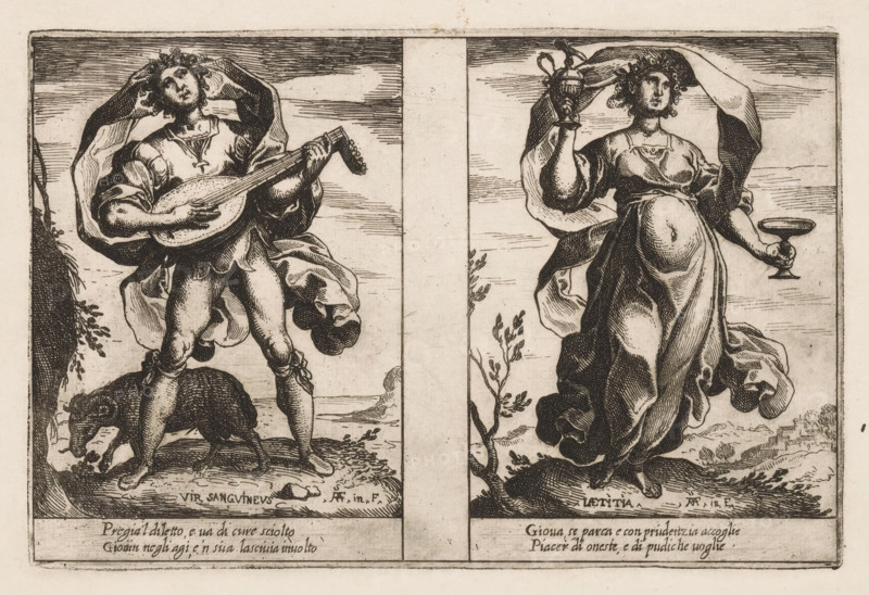 Sanguine Man and Happiness, Attributes of the Soul, Attributi dell'Anima, print, Two representations of personifications. Left: the Sanguine Man (Vir Sanguineus) as a young man with a lute. At his feet a ram, eating a plant. Right: Happiness (Laetitia) as a woman with a jug and drinking bowl. Both representations with two lines of Italian verse in the lower margin., printmaker: Raffaello Schiaminossi, Italy, after design by Raffaello Schiaminossi, c. 1605, Raffaello Schiaminossi, printmaker, paper, etching, intaglio printmaking technique, etching with plate tone, height 151 mm x width 228 mm, This print is part of the series 'Attributi dell'Anima', consisting of twelve personifications printed from six plates., lute, and special forms of lute, eg: theorbo - CC - out of doors, ram, Pleasure, Enjoyment, Joy, 'Allegrezza', 'Allegrezza da le medaglie', 'Allegrezza, letitia e giubilo', 'Diletto', 'Piacere', 'Piacere honesto' (Ripa), 'Sanguigno (per l'aria)' (Ripa), Two vertical panels side ...