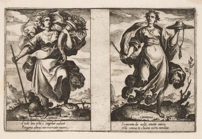 Honor and Liberty, Attributi dell'Anima, Attributes of the Soul, print, Two representations of personifications. Left: Honor (Honor) as a woman with the horn of plenty (cornucopia). Right: Liberty (Libertas) as a woman with a hat and a scepter. Both representations with two lines of Italian verse in the lower margin., printmaker: Raffaello Schiaminossi, Italy, after design by Raffaello Schiaminossi, c. 1605, Raffaello Schiaminossi, printmaker, paper, etching, intaglio printmaking technique, etching with plate tone, height 151 mm x width 235 mm, This print is part of the series 'Attributi dell'Anima', consisting of twelve personifications printed from six plates., Honour, Glory, 'Ampiezza della Gloria', 'Gloria', 'Gloria de prencipi', 'Gloria & Honore', 'Honore', 'Sublimatà della Gloria' (Ripa), 'Cornucopia', Horn of Plenty, Freedom, Liberty, 'Libertà' (Ripa), The image shows two vertical panels side by side, each depicting a standing female figure in flowing drapery against a lightly l...