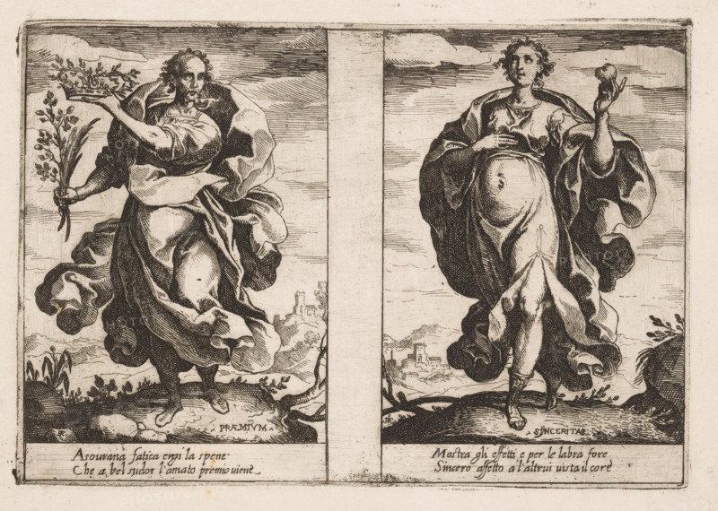 Reward and Honesty, Attributes of the Soul, Attributi dell'Anima, print, Two depictions of female personifications. Left: reward (Praemium) with a crown and branch in her hand. Right: honesty (Sinceritas) with her heart in her hand. Both depictions with two lines of Italian verse in the lower margin., printmaker: Raffaello Schiaminossi, Italy, after design by Raffaello Schiaminossi, c. 1605, Raffaello Schiaminossi, printmaker, paper, etching, intaglio printmaking technique, etching with plate tone, height 155 mm x width 223 mm, This print is part of the series 'Attributi dell'Anima', consisting of twelve personifications printed from six plates., city-view, and landscape with man-made constructions, Reward, 'Praemium', 'Premio', 'Remuneratione' (Ripa) (personification), heart - AA - female human figure, Two vertical panels show full-length figures standing on uneven ground with distant buildings and hills behind them. The left figure wears flowing drapery and holds a sprig of leaves in...