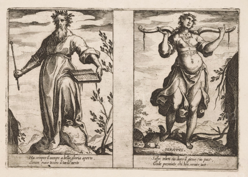 Merit and Servitude, Attributes of the Soul, print, Two representations of personifications. Left: Merit (Meritum) as a bearded man with a scepter and a book. Right: Servitude (Servitus) as a woman with a yoke on her shoulders. Both depictions with two lines of Italian verse in the lower margin., printmaker: Raffaello Schiaminossi, Italy, 1605, paper, etching, intaglio printmaking technique, etching with plate tone, height 155 mm x width 223 mm, This print is part of the series 'Attributi dell'Anima', consisting of twelve personifications printed from six plates., city-view, and landscape with man-made constructions, yoke, Merit, 'Merito' (Ripa) (personification), A sepia-toned engraving divided vertically into two panels shows two full-length figures standing on rocky ground with sparse vegetation. The left figure is an older bearded man wearing flowing robes and a wreath on his head, holding a staff in one hand and a rectangular object resembling a book in the other, with draped fabr...
