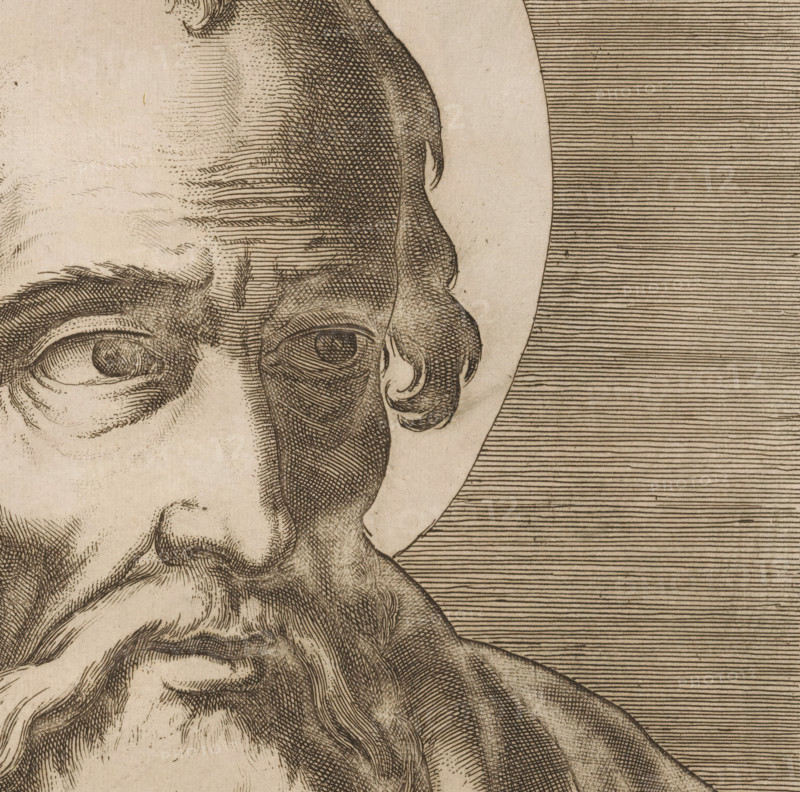 S. Matthaeus, Saint Matthew, Il sacrato collegio apostolico, Christ, Mary and the twelve apostles, print, Saint Matthew with a purse in his hand. Around his head a circular halo. Title in lower margin., printmaker: Raffaello Schiaminossi, Italy, 1606 - 1607, paper, etching, intaglio printmaking technique, etching with plate tone, height 503 mm x width 374 mm, This print is part of a series consisting of a title print and fourteen prints depicting Christ, Mary, and the twelve apostles., the apostle and evangelist Matthew (Mattheus), possible attributes: angel, axe, book, halberd, pen and inkhorn, purse, scroll, square, sword, A detailed black and white etched close-up of an older man’s face showing part of one eye, a curled strand of hair near the ear, a high forehead with fine crosshatching lines, a prominent nose, deep-set wrinkles around the mouth and cheek, and a long textured beard, all rendered with parallel and crosshatched strokes against a background of closely spaced horizonta...
