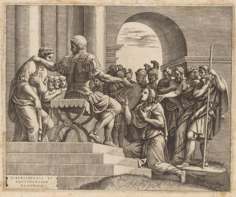 The Continence of Scipio, print, Scipio the Elder returns a captured virgin to her betrothed who kneels before him. Latin text in a cartouche lower left., printmaker: Diana Scultori, Italy, after painting by Giulio Romano, c. 1557 - c. 1612, paper, engraving, intaglio printmaking technique, engraving with plate tone, height 210 mm x width 254 mm, the continence of Scipio: he restores a captive woman to her bridegroom Allucius, who kneels before him, the ransom offered by the bride's parents is given to Allucius as a wedding-gift, A detailed monochrome engraving shows a group of robed and armored figures on stone steps and a platform beneath an archway, with a central armored man standing by a chariot wheel and reaching an arm toward a woman who leans forward with a hand on her chest; soldiers in helmets and plumed crests stand behind them, a kneeling figure with flowing hair gestures upward toward the central man, and to the right a bearded man holds a long staff while others in draped...