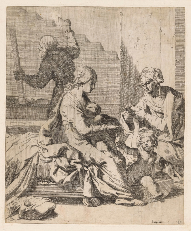 Holy Family with John the Baptist and Elizabeth, print, In the foreground Mary is breastfeeding the Christ Child. Sitting with her are the young John the Baptist and his mother Elizabeth. In the background, Joseph is at work with an axe., printmaker: Elisabetta Sirani, Italy, after design by Giovanni Andrea Sirani, 1648 - 1665, paper, etching, intaglio printmaking technique, etching with plate tone, height 261 mm x width 215 mm, The print is pasted onto a sheet and provided with an imitation plate edge., Christ-child suckling, or beginning to suckle, e.g. Mary uncovering her breast, Madonna-representations, Holy Family with John the Baptist, Elizabeth present, An etched scene shows a seated woman holding a swaddled infant while looking down at the child, a second older woman opposite her manipulating a small object with both hands, a standing man behind them holding a long plank with one hand and an axe raised in the other, and a small naked child seated at the forefront reaching upwar...
