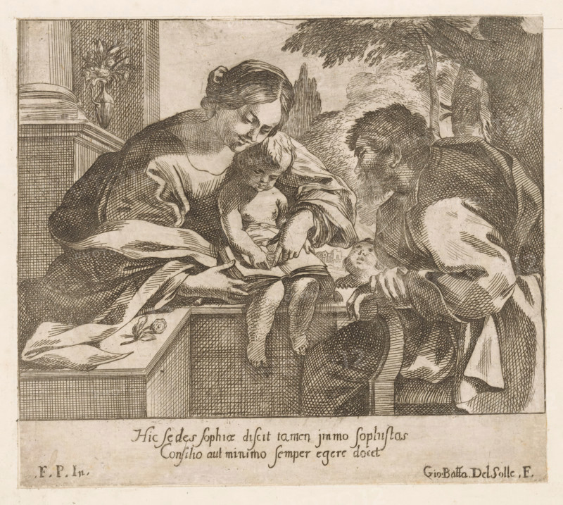 Mary teaches the Christ-child to read, print, The Christ-child sitting with a book on his lap. Mary stands behind him and points at the book together with him. Joseph sits on the right. Two lines of Latin text in the bottom margin., printmaker: Giovanni Battista del Sole, Italy, after print by François Perrier, after 1629 - in or before c. 1719, François Perrier, after print by, paper, etching, intaglio printmaking technique, etching with plate tone, height 186 mm x width 212 mm, A monochrome etched scene shows a seated woman leaning toward a small child on her lap while pointing at an open book, a bearded man on the right leaning in to look, and another standing figure partially visible behind him; the woman wears draped garments and has hair pulled back, the child is unclothed on the upper body and looks down at the book, the bearded man has a heavy cloak and rough hair, and the other figure wears a cloak with a high collar. The setting includes a raised stone platform with a carved ...