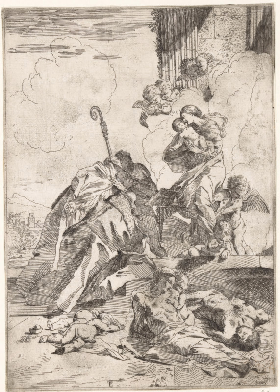 Three saints interceding for victims of the plague, print, Three saints kneel before Mary and the Christ Child. In the foreground, victims of the plague. In the background, a landscape with buildings, possibly the city of Lucca., inscription: '... 191', printmaker: Pietro Testa, Italy, c. 1630 - c. 1631, paper, etching, intaglio printmaking technique, etching with plate tone, height 276 mm x width 195 mm, saints, city-view, and landscape with man-made constructions, Madonna: ie Mary with the Christ-child, plague, Tuscany, Lucca, A monochrome etched scene shows robed figures arranged on rocky ground with drapery and reclining forms; a seated adult holds an infant close while cherubic winged children hover and rest among billowing clouds beside a columned structure, one cherub standing on the right and another leaning over the clouds; a shepherd's crook stands upright near the central group; in the foreground a naked child lies face down on the ground near scattered cloth and a small ves...