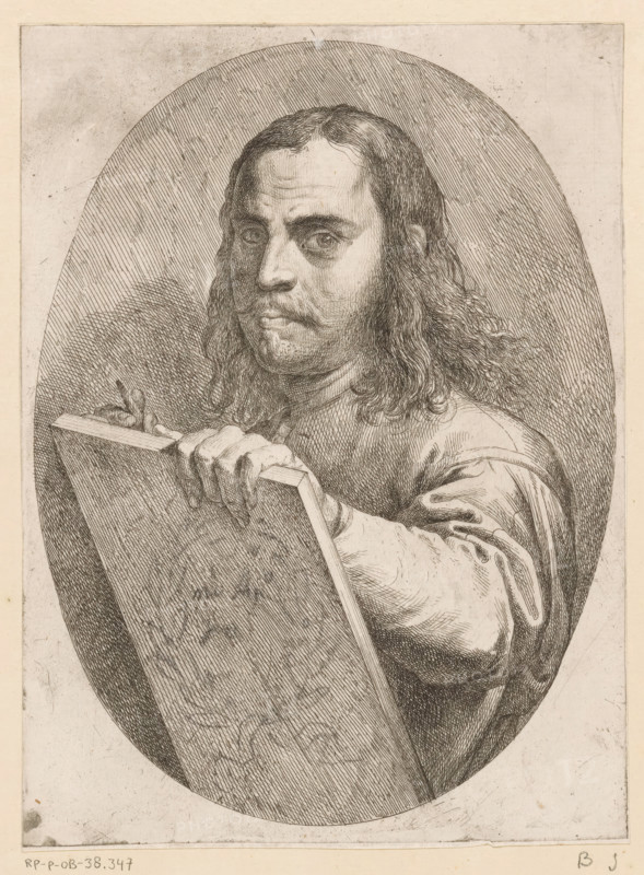 Portrait of artist Pietro Testa, print, printmaker: Pietro Testa, Italy, c. 1647 - c. 1648, paper, etching, intaglio printmaking technique, etching with plate tone, proof print, height 227 mm x width 168 mm, Person, historical persons, portrait, self-portrait of artist, A detailed pen-and-ink portrait of a man shown from the chest up inside an oval frame, with shoulder-length wavy hair, a mustache, and a slight beard, looking toward the viewer with a neutral expression; he holds a rectangular panel or board with one hand resting on its top edge and the other hand partially visible behind it, wearing a loose-sleeved garment with visible folds and buttons on the cuff; crosshatched shading fills the oval background and the central figure, and the outer margins show a pale border around the image.