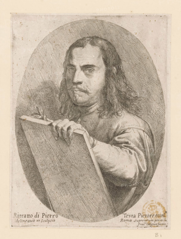 Portrait of artist Pietro Testa, print, printmaker: Pietro Testa, Italy, c. 1647 - c. 1648, paper, etching, intaglio printmaking technique, etching with plate tone, height 226 mm x width 166 mm, Person, historical persons, portrait, self-portrait of artist, A detailed monochrome engraving shows a man with long wavy hair and a mustache holding a rectangular board or panel close to his chest; he faces slightly toward the viewer with a neutral expression and his hand grips the edge of the panel, the fingers and knuckles clearly rendered. The man wears a loose sleeve visible on one arm, and the portrait is set within an oval frame of fine parallel hatch lines against a textured background. The image has an aged paper appearance with small spots and areas of discoloration around the edges, and a circular stamp-like mark is faintly visible near the lower corner.