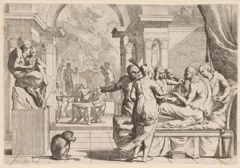 The prodigal son squanders his inheritance, Story of the prodigal son, L' Historia Del Figliolo prodigo, print, The prodigal son on the right on a bed, surrounded by women. On the left a sculpture with two satyrs and on the ground a chained monkey. In the background servants and a fountain., printmaker: Pietro Testa, Rome, after design by Pietro Testa, c. 1621 - 1650, Pietro Testa, printmaker, paper, etching, intaglio printmaking technique, etching with plate tone, height 205 mm x width 297 mm, monkeys, apes, the prodigal son in the midst of prostitutes feasting and dissipating his patrimony, usually in a brothel or inn, An interior scene rendered in fine line work shows a group of figures gathered around a bedlike platform beneath arching architecture and columns, with drapery hanging to one side; several seated and standing figures converse and offer dishes, some holding vessels and a platter while a reclining bearded man reaches toward them; nearby a standing figure with a partial g...