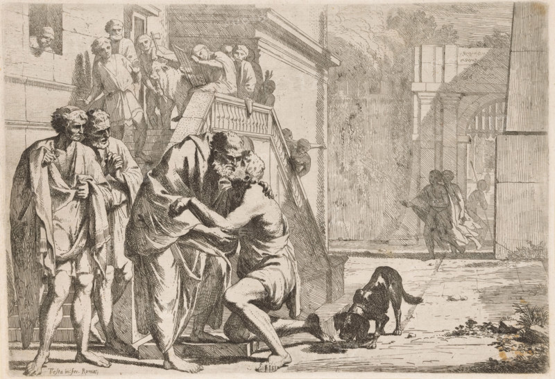 Homecoming of the Prodigal Son, L' Historia Del Figliolo prodigo, Story of the Prodigal Son, print, The prodigal son kneels before his father and is embraced by him. On the left, two onlookers and a group of figures on a staircase., printmaker: Pietro Testa, Rome, after design by Pietro Testa, c. 1621 - 1650, Pietro Testa, printmaker, paper, etching, intaglio printmaking technique, etching with plate tone, height 206 mm x width 300 mm, the prodigal son returns home, where his father awaits him, A group of people stand and kneel on stone steps beside a building with a balustrade, with one older bearded man embracing a nearly naked man who kneels and clings to him; nearby two dogs sniff the ground. Several robed figures stand on the steps and near a doorway, some holding staffs and one looking out from a window, while figures lean on the balustrade and others walk toward a distant archway. Architectural elements include columns, an arched gate, and a stone facade, and trees or foliage ap...
