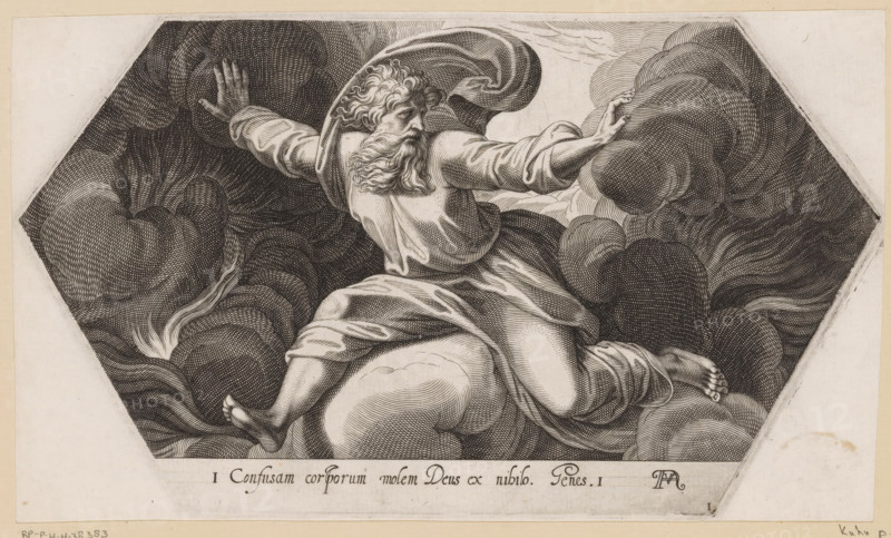 God separating the light from the darkness, Paintings in the Loggia by Raphael, La Sacra Genesi, print, Series number, 1, 20, The first day of creation on which God the Father separates the light from the darkness. Numbered lower right: 1. Reference to Bible text in lower margin., printmaker: Francesco Villamena, Italy, after painting by Raphael, Vatican City, 1626, paper, engraving, etching, intaglio printmaking technique, etching and engraving with plate tone, height 144 mm x width 251 mm, This print is part of a series consisting of a title print and twenty prints by Francesco Villamena after paintings in the Loggia by Raphael in the Vatican. The series was published after Villamena's death., division of light and darkness, A monochrome engraved image shows an older bearded man with flowing hair and draped robes seated among swirling cloud-like forms, his arms outstretched with open hands and his body turned in a dynamic twisting pose, the fabric of his clothing rendered with curved...