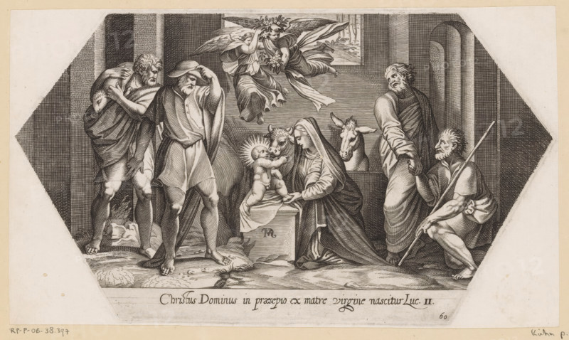 Adoration of the Shepherds, La Sacra Genesi, Paintings in the Loggia by Raphael, print, Series number, 16, 20, In a stable, the shepherds, Mary, and Joseph adore the Christ Child. Angels hover above the Christ Child. Numbered lower right: 60. Reference to Bible text in lower margin., printmaker: Francesco Villamena, Italy, after painting by Raphael, Vatican City, 1626, paper, engraving, etching, intaglio printmaking technique, etching and engraving with plate tone, height 145 mm x width 253 mm, This print is part of a series consisting of a title print and twenty prints by Francesco Villamena after paintings in the Loggia by Raphael in the Vatican. The series was published after Villamena's death. While the first fifteen prints are numbered 1-15, the last five prints are numbered 60-64. The printmaker may have envisioned a series of 64 prints, which remained unfinished due to his death., adoration of the Christ-child by the shepherds, Mary and Joseph present, A monochrome engraving sho...