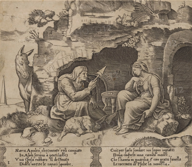 Lucius listens to the story of Amor and Psyche, Story of Amor and Psyche, print, Series number, 1, 32, Lucius, the protagonist of Apuleius' novel 'Metamorphoses', has been transformed into a donkey and hears an old woman telling the story of Amor and Psyche to a young woman. Before the opening of a cave, the old woman with spinning wheel and dog sits on the left, and the young woman on the right. Italian text in two cartouches in the bottom margin. Numbered twice lower left: 1., printmaker: Master of the Dice, Italy, after design by Michiel Coxie (I), c. 1530 - c. 1560, Master of the Dice, Michiel Coxie (I), printmaker, after design by, paper, engraving, intaglio printmaking technique, engraving with plate tone, height 195 mm x width 224 mm, A monochrome engraved scene shows two seated human figures in flowing garments facing each other near a rocky grotto opening; one figure gestures toward a distaff and spindle while the other rests an elbow on a small round table and looks downward;...