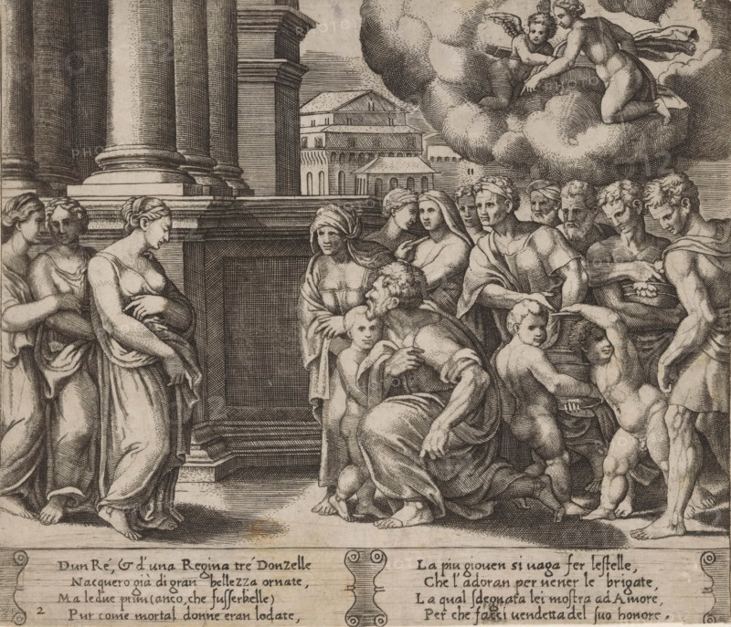 Psyche as a goddess worshipped by the people, Story of Cupid and Psyche, print, Series number, 2, 32, On the left stands the king's daughter Psyche and on the right the people offering sacrifices to her. In the upper right the jealous Venus and her son Cupid. Italian text in two cartouches in the lower margin. Numbered lower left: 3 and 2., printmaker: Master of the Dice, Italy, after design by Michiel Coxie (I), c. 1530 - c. 1560, Master of the Dice, Michiel Coxie (I), printmaker, after design by, paper, engraving, intaglio printmaking technique, engraving with plate tone, height 196 mm x width 228 mm, A detailed black and white engraving showing a group of clothed and partially nude figures gathered on steps in front of large classical columns and an architectural backdrop, several women standing to the left with draped garments, a central seated older man holding a small child while other children and adults surround him, a row of men to the right with muscular torsos and draped fab...