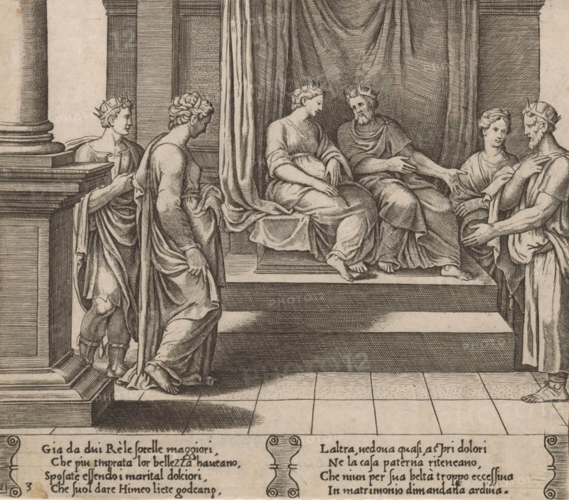 Psyche and her sisters married to kings, Story of Cupid and Psyche, print, Series number, 3, 32, Psyche and her two sisters together with three kings in a palace. Psyche's sisters were both married to kings. Italian text in two cartouches in the lower margin. Numbered lower left: 2 and 3., printmaker: Master of the Dice, after design by Michiel Coxie (I), c. 1530 - c. 1560, Master of the Dice, Michiel Coxie (I), printmaker, after design by, paper, engraving, intaglio printmaking technique, engraving with plate tone, height 199 mm x width 227 mm, A detailed black and white engraving shows a classical interior with a raised platform draped by heavy curtains and flanked by columns and architectural moldings; on the platform two seated figures wearing crowns face one another while a bearded crowned man reaches toward a standing figure to the right, and two other standing figures in flowing robes approach from the left with one looking toward the seated pair; the figures wear draped garment...