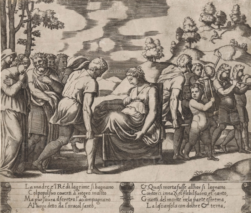 Psyche is carried to a mountain, Story of Amor and Psyche, print, Series number, 5, 32, On the advice of Apollo, the king's daughter Psyche is carried to a mountain where she will be left alone. Leading the way are children with torches and two musicians with trumpets. At the back walk Psyche's grieving parents. The mountain lies in the background on the right. Italian text in two cartouches in the lower margin. Numbered twice lower left: 5., Bartsch 43-1(2), The Illustrated Bartsch 43, printmaker: Master of the Dice, Italy, after design by Michiel Coxie (I), c. 1530 - c. 1560, paper, engraving, intaglio printmaking technique, engraving with plate tone, height 193 mm x width 227 mm, A monochrome engraving shows a group of people carrying a seated woman on a litter through a landscape with rolling hills and trees; the woman sits with her head bowed and a draped garment, while two men at the front and back lift the litter poles and other figures walk alongside, including a crowned man wi...