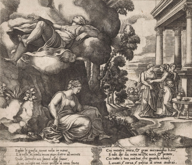 Psyche carried away by Zephyrus, Story of Cupid and Psyche, print, Series number, 6, 32, Psyche is carried away in her sleep by Zephyrus (the personification of the west wind). On the right, Psyche's arrival at Cupid's palace. Italian text in two cartouches in the lower margin. Numbered twice lower left: 6., The Illustrated Bartsch 44, Bartsch 44-1(2), printmaker: Master of the Dice, Italy, after design by Michiel Coxie (I), c. 1530 - c. 1560, paper, engraving, intaglio printmaking technique, engraving with plate tone, height 195 mm x width 227 mm, A detailed black and white engraving shows a reclining male figure resting on a cloud among trees at the upper left, a seated female figure in draped classical clothing on a rocky ledge below, and three standing female figures in flowing garments near a columned building to the right, one of them holding the arm of another. The scene includes ornate architectural columns and a small fountain in the middle distance, with varied foliage, rocks...
