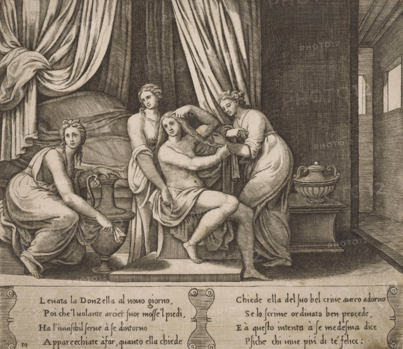 Psyche's Toilet with Nymphs, Story of Amor and Psyche, print, Series number, 10, 32, In a bedroom, Psyche is taking care of her toilet with three assisting nymphs. Italian text in two cartouches in the lower margin. Numbered twice lower left: 10., Bartsch 48-1(2), The Illustrated Bartsch 48, printmaker: Master of the Dice, Italy, after design by Raphael, c. 1530 - c. 1560, Master of the Dice, Raphael, printmaker, after design by, paper, engraving, intaglio printmaking technique, engraving with plate tone, height 198 mm x width 227 mm, A monochrome engraved scene shows four women in flowing drapery gathered around a central seated figure who is partially draped and holding her hair while another woman arranges or braids it; to the left a woman kneels beside a large jug and basin, reaching toward the central group, and behind them heavy curtains and a cushioned bed form a backdrop; to the right a woman stands near a pedestal topped with an ornate covered vessel, and architectural lines o...