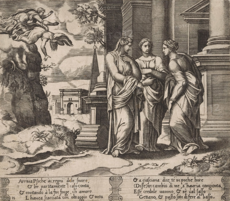 Psyche reports to her sisters, Story of Cupid and Psyche, print, Series number, 15, 32, Psyche tells her two sisters that Cupid has left her. On the left, the two sisters throwing themselves off a mountain in the hope of being taken to Cupid by Zephyrus (the personification of the west wind). Italian text in two cartouches in the lower margin. Numbered twice lower left: 15., The Illustrated Bartsch 53, Bartsch 53-1(2), printmaker: Master of the Dice, Italy, after design by Michiel Coxie (I), c. 1530 - c. 1560, paper, engraving, intaglio printmaking technique, engraving with plate tone, height 198 mm x width 228 mm, A monochrome print shows three draped women standing on stone steps beside a columned building, their robes detailed with folds and their feet visible at the hem; one woman faces forward with a hand near her chest, another gestures with a hand toward the first, and the third looks toward the second while leaning slightly forward; to the left a rocky cliff rises with vegetati...