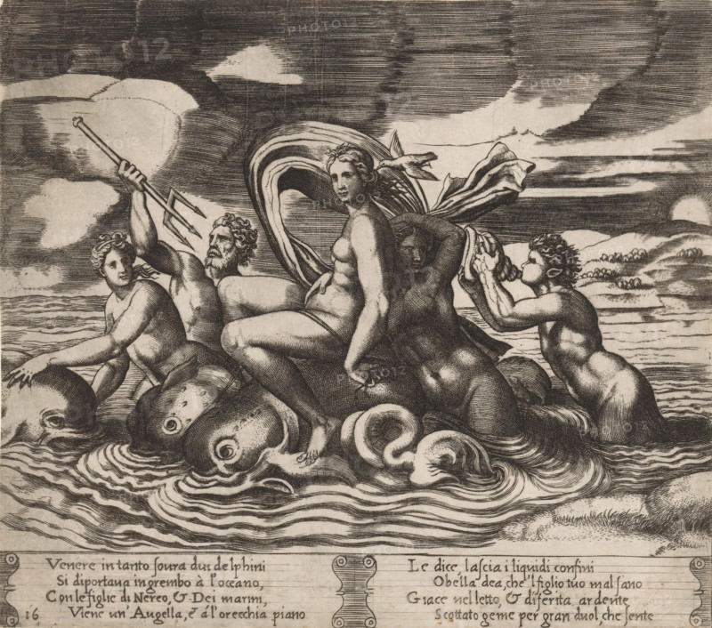 Venus receives news from a bird, Story of Cupid and Psyche, print, Series number, 16, 32, A bird tells Venus that her son Cupid is ill because of his love for the king's daughter Psyche. Italian text in two cartouches in the lower margin. Numbered twice lower left: 16., printmaker: Master of the Dice, Italy, after design by Michiel Coxie (I), c. 1530 - c. 1560, Master of the Dice, Michiel Coxie (I), printmaker, after design by, paper, engraving, intaglio printmaking technique, engraving with plate tone, height 200 mm x width 225 mm, A black and white engraving shows a group of partially nude human figures seated on and around a cluster of stylized sea creatures and flowing waves, with a bearded male figure holding a trident, a central female figure looking forward with drapery behind her, other figures in varied poses including one blowing a shell to his mouth, and fishlike heads and curling tentacles beneath them; the background features a lined sky with clouds and a distant shoreline...