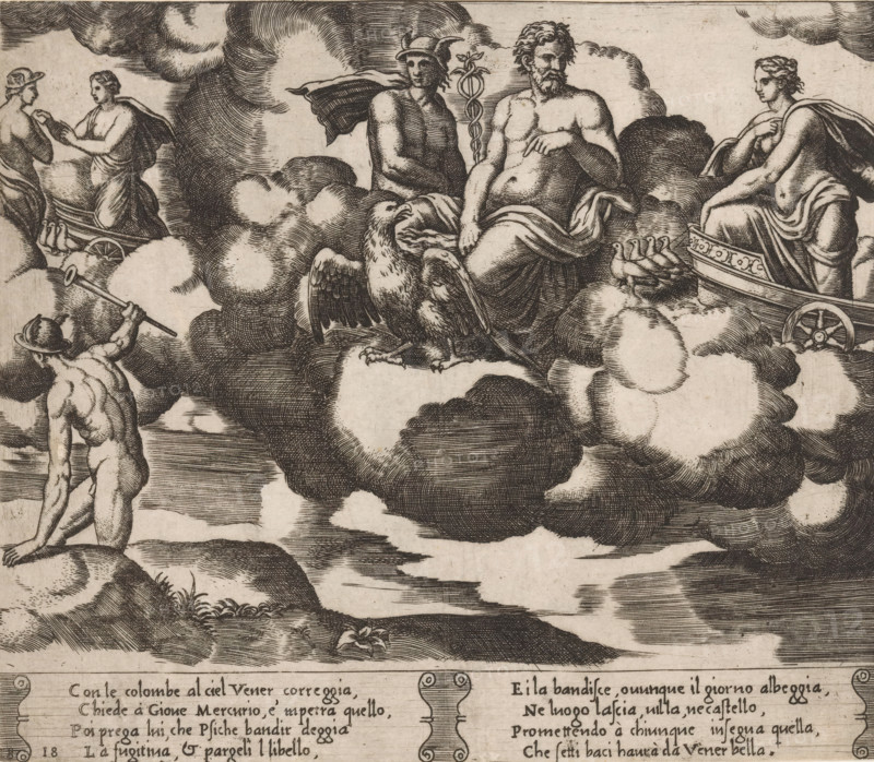 Venus asks Jupiter for help, Story of Cupid and Psyche, print, Series number, 18, 32, Venus arrives in her chariot drawn by doves. In the center sits Jupiter with an eagle and next to him Mercury with a caduceus. On the left Mercury on his way and Mercury in conversation with Venus. Italian text in two cartouches in the lower margin. Numbered twice lower left: 18., printmaker: Master of the Dice, Italy, after design by Michiel Coxie (I), c. 1530 - c. 1560, paper, engraving, intaglio printmaking technique, engraving with plate tone, height 194 mm x width 226 mm, A monochrome etching shows a group of partially draped, classical figures amid billowing clouds above a shoreline. A bearded, seated male figure with a draped cloth over his lap sits on a cloud next to a standing winged figure wearing a winged helmet and holding a staff entwined with serpents. An eagle perches on the cloud in front of them. To the right a seated female figure in flowing drapery sits in a small ornate chariot wit...