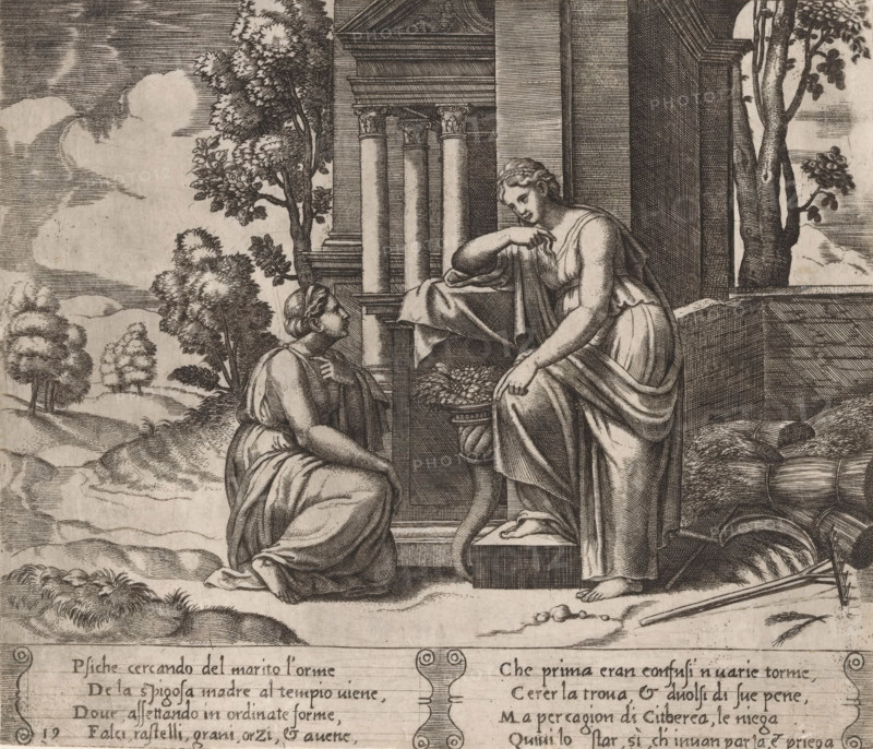 Ceres refuses help to Psyche, Story of Amor and Psyche, print, Series number, 19, 32, On the left the kneeling Psyche asking the goddess Ceres for help. On the right stands Ceres with a horn of plenty, scythe, rake and ears of corn. Italian text in two cartouches in the lower margin. Numbered twice lower left: 19., Bartsch 57-1(2), The Illustrated Bartsch 57, printmaker: Master of the Dice, Italy, after design by Michiel Coxie (I), c. 1530 - c. 1560, paper, engraving, intaglio printmaking technique, engraving with plate tone, height 196 mm x width 229 mm, A detailed black and white engraving shows two robed women near a temple-like entrance with fluted columns and a pediment; one woman kneels on the ground with her hands near her chest and looks upward, while the other sits on the temple steps holding a sheaf of grain and a long curved object, her draped garment falling over the steps and one foot resting on a lower block; surrounding them are trees and rolling landscape with clouded s...