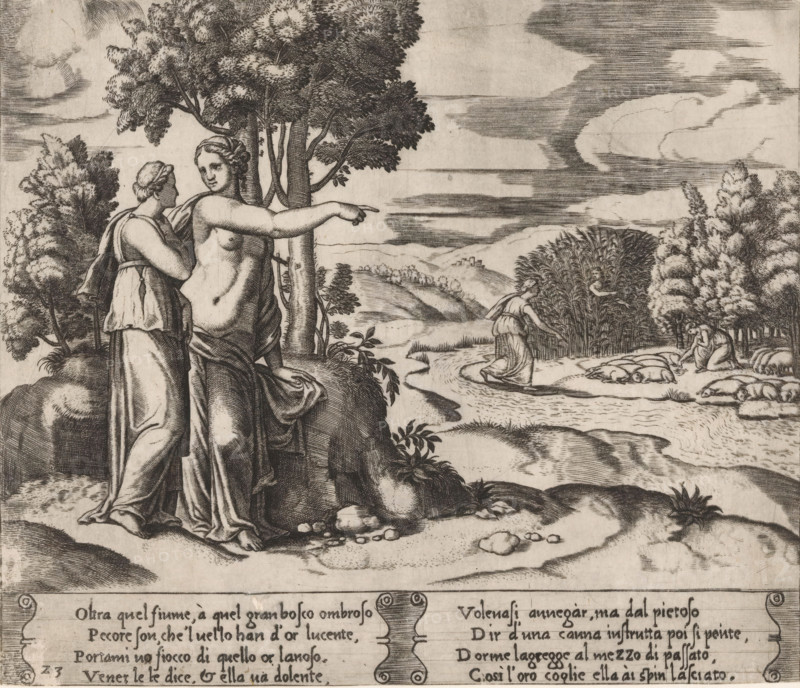 Psyche goes to look for the golden wool, Story of Amor and Psyche, print, Series number, 23, 32, Venus instructs Psyche to collect wool from a flock of sheep with a golden fleece. On the left, Venus points Psyche towards the sheep on the other side of a river. On the right, Psyche with the sheep and among the reeds that whispered advice to her on how to collect the wool. Italian text in two cartouches in the lower margin. Numbered twice lower left: 23., Bartsch 61-1(2), The Illustrated Bartsch 61, printmaker: Master of the Dice, Italy, after design by Michiel Coxie (I), c. 1530 - c. 1560, paper, engraving, intaglio printmaking technique, engraving with plate tone, height 196 mm x width 229 mm, Two women stand near a treeed rocky outcrop, one facing slightly away with draped clothing and the other mostly nude with an arm extended pointing toward the right; behind them tall trees rise with detailed foliage against a clouded sky. Downriver a robed figure walks along a winding stream towar...