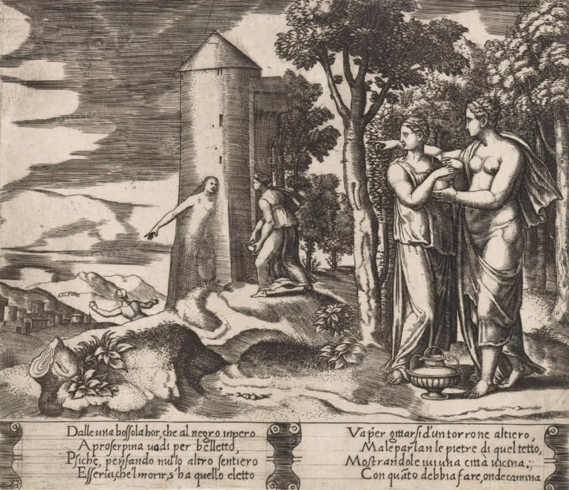 Psyche on her way to the Underworld, Story of Amor and Psyche, print, Series number, 24, 32, Venus instructs Psyche to descend into the Underworld and bring back a jar filled with the beauty of Proserpina, the queen of the Underworld. On the left, Psyche by the tower giving her advice. Italian text in two cartouches in the lower margin. Numbered lower left: 24., printmaker: Master of the Dice, Italy, after design by Michiel Coxie (I), c. 1530 - c. 1560, paper, engraving, intaglio printmaking technique, engraving with plate tone, height 197 mm x width 228 mm, A monochrome engraved scene shows a landscape with rocky ground, plants, and a tall cylindrical tower with a conical roof near the center left; a figure in flowing drapery stands at the tower entrance pointing outward while another kneeling figure faces the tower; to the right a group of two standing women in classical drapery stand by a tree, one partly nude with a cloth draped over her, the other reaching toward her; a large tree...