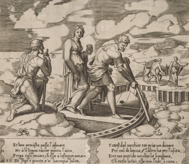 Psyche in Charon's Ferry, Story of Amor and Psyche, print, Series number, 25, 32, Psyche stands in the ferryman Charon's boat, which takes her to the other side of the River Styx. On the other side of the river lies the underworld, where Psyche encounters a man with a donkey. Italian text in two cartouches in the lower margin. Numbered twice lower left: 25., Bartsch 63-1(2), The Illustrated Bartsch 63, printmaker: Master of the Dice, Italy, after design by Michiel Coxie (I), c. 1530 - c. 1560, paper, engraving, intaglio printmaking technique, engraving with plate tone, height 195 mm x width 227 mm, A detailed black and white engraving shows a shoreline scene with a small boat drawn up near rocky ground; three partially clothed figures stand near or in the boat, one kneeling on the rocks holding a staff and looking toward the water, a central standing woman in a draped dress holding a cup and facing outward, and a muscular man bent over in the boat gripping an oar. In the background a p...