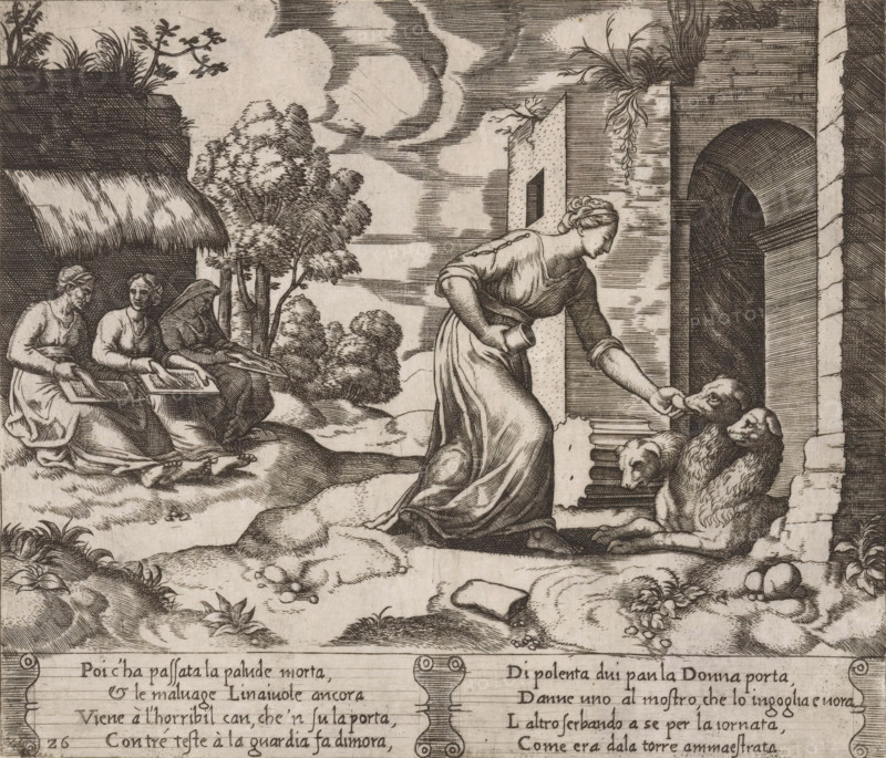 Psyche Leading Cerberus, Story of Amor and Psyche, print, Series number, 26, 32, Psyche leads Cerberus, the three-headed dog that guards the entrance to the underworld. On the left, the three Fates, spinning the threads of life for humans. Italian text in two cartouches in the lower margin. Numbered twice lower left: 26., printmaker: Master of the Dice, Italy, after design by Michiel Coxie (I), c. 1530 - c. 1560, paper, engraving, intaglio printmaking technique, engraving with plate tone, height 194 mm x width 226 mm, A monochrome engraving shows a woman in a flowing dress bending forward at the entrance of a building, extending her hand toward two dogs that sit on the steps; the woman holds a small vessel in her other hand and her hair is styled in a braided updo. To the left, three seated women occupy a shaded area near a thatched roof, one woman wearing a hood and the others holding flat rectangular objects on their laps. Trees and bushes rise behind them, and a winding path or rock...