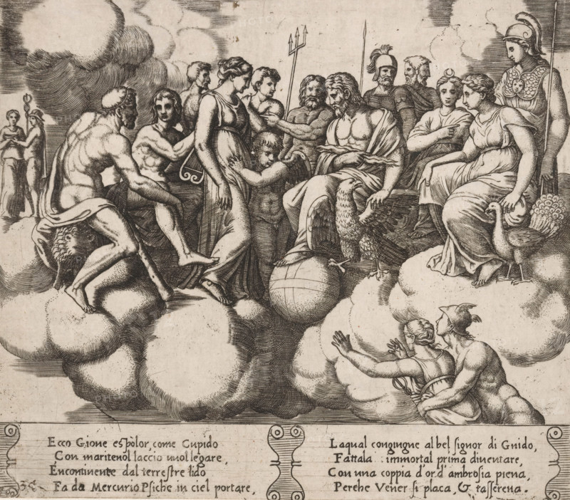 Meeting of gods regarding the fate of Psyche, Story of Cupid and Psyche, print, Series number, 30, 32, Jupiter has summoned the Olympian gods after Cupid begged him for mercy for the king's daughter Psyche. On the left, Mercury giving Psyche a cup of ambrosia, a drink that will make her immortal. On the right in the foreground, Mercury taking Psyche to Olympus. Italian text in two cartouches in the lower margin. Numbered twice lower left: 30., printmaker: Master of the Dice, Italy, after design by Michiel Coxie (I), c. 1530 - c. 1560, Master of the Dice, Michiel Coxie (I), printmaker, after design by, paper, engraving, intaglio printmaking technique, engraving with plate tone, height 197 mm x width 225 mm, A detailed monochrome engraving shows numerous partially draped and nude classical figures arranged on large rounded clouds, including seated and standing men and women in flowing garments, a winged child embracing a woman's waist, a seated bearded male figure with drapery across his...