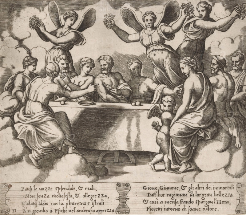 Wedding of Cupid and Psyche, Story of Cupid and Psyche, print, Series number, 31, 32, Banquet at the wedding of Cupid and Psyche. Around a long table sit Cupid and Psyche with a number of other gods. To the right sits Hercules on his lion skin. Behind the table three Horae (goddesses of the seasons) with butterfly wings. Italian text in two cartouches in the lower margin. Numbered twice lower left: 31., Bartsch 69-1(2), The Illustrated Bartsch 69, printmaker: Master of the Dice, Italy, after design by Michiel Coxie (I), c. 1530 - c. 1560, paper, engraving, intaglio printmaking technique, engraving with plate tone, height 194 mm x width 225 mm, A monochrome engraving shows a group of figures gathered around a long table draped with a cloth, with several seated and standing figures interacting at the table and others floating above on clouds. Two winged figures hover above the table holding small bunches of flowers, while additional standing figures behind them also hold floral clusters....