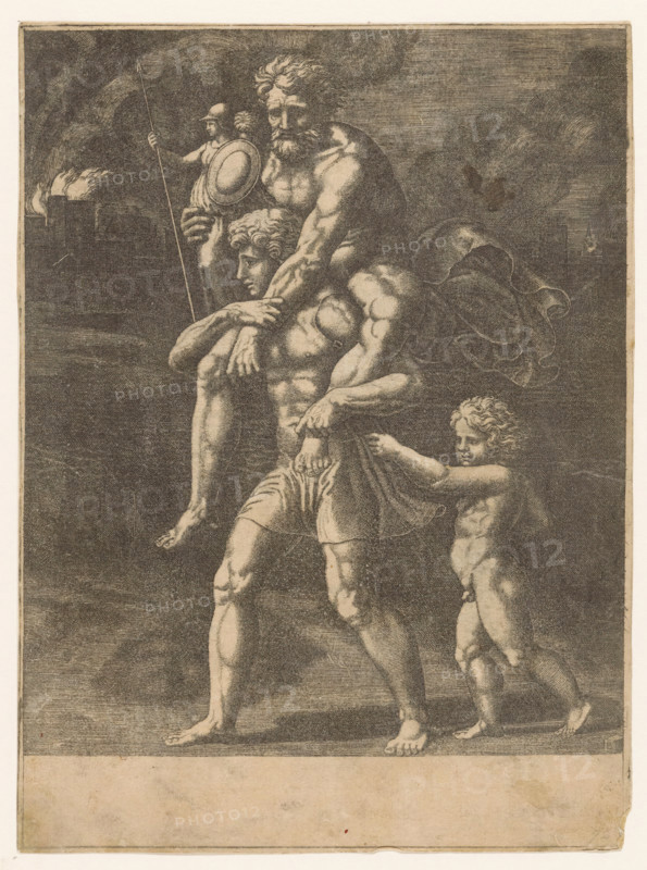 Aeneas and his family flee from Troy, print, Aeneas walks with his father Anchises on his back. In his right hand, Anchises carries the household gods (Penates). Behind Aeneas walks his son Ascanius. In the background, burning Troy., number: '69', printmaker: Master of the Dice, Italy, after design by Raphael, c. 1530 - c. 1560, paper, engraving, intaglio printmaking technique, engraving with plate tone, proof print, height 255 mm x width 189 mm, 'Pius Aeneas': Aeneas, leading Ascanius, escapes from burning Troy, carrying his father Anchises with the Penates, his wife Creusa, who sets out with them, is lost on the way, A monochrome engraving shows three male figures arranged in a vertical composition. A muscular adult stands with one foot forward, carrying another bearded, older man on his shoulders who grasps the carrier's head and has a cloak flowing behind him. The carrier's torso and limbs are rendered with defined musculature and he wears a short garment around his waist. A smalle...