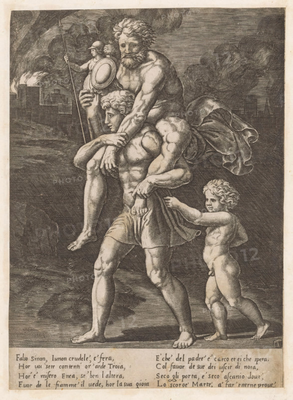 Aeneas and his family flee from Troy, print, Aeneas walks with his father Anchises on his back. In his right hand, Anchises carries the household gods (Penates). Behind Aeneas walks his son Ascanius. In the background, burning Troy. Italian text in two columns in the bottom margin., printmaker: Master of the Dice, Italy, after design by Raphael, c. 1530 - c. 1560, paper, engraving, intaglio printmaking technique, engraving with plate tone, height 251 mm x width 182 mm, 'Pius Aeneas': Aeneas, leading Ascanius, escapes from burning Troy, carrying his father Anchises with the Penates, his wife Creusa, who sets out with them, is lost on the way, A monochrome engraved scene shows three human figures in classical style moving across a landscape. A muscular adult man walks barefoot carrying another older, bearded man across his shoulders; the older man's arms drape around the carrier's neck and his legs hang down. The carrier has curly hair and a short draped garment around his waist, and his...