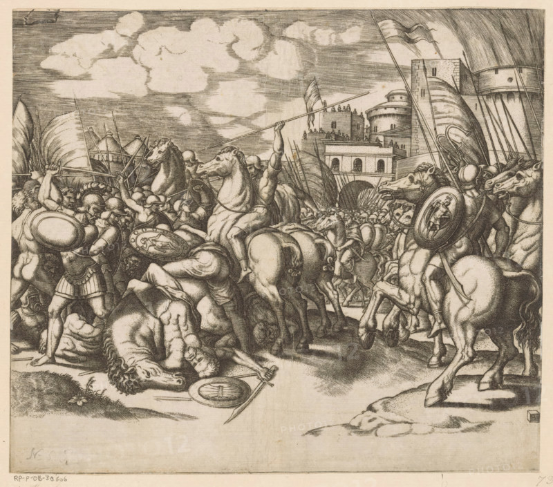 Victory of Scipio over King Syphax, print, A battle with soldiers on foot and on horseback. On the right in the background the walls of a city from which people are watching., printmaker: Master of the Dice, Italy, after design by Raphael, c. 1530 - c. 1560, paper, engraving, intaglio printmaking technique, engraving with plate tone, proof print, height 214 mm x width 245 mm, battle, (story of) P. Cornelius Scipio Africanus Major, A densely detailed black and white engraving showing a chaotic battle scene with armored soldiers and horses crowded in the foreground, several fallen figures and horses on the ground, warriors raising spears and shields, round shields with figural decoration, helmets and plumed headgear, riders on rearing horses, long spears projecting upward, a fortified city with towers and walls in the midground, small figures visible on the battlements, flags flying from tall poles, layered clouds and a lined sky above, and a patch of ground with small plants at the lowe...