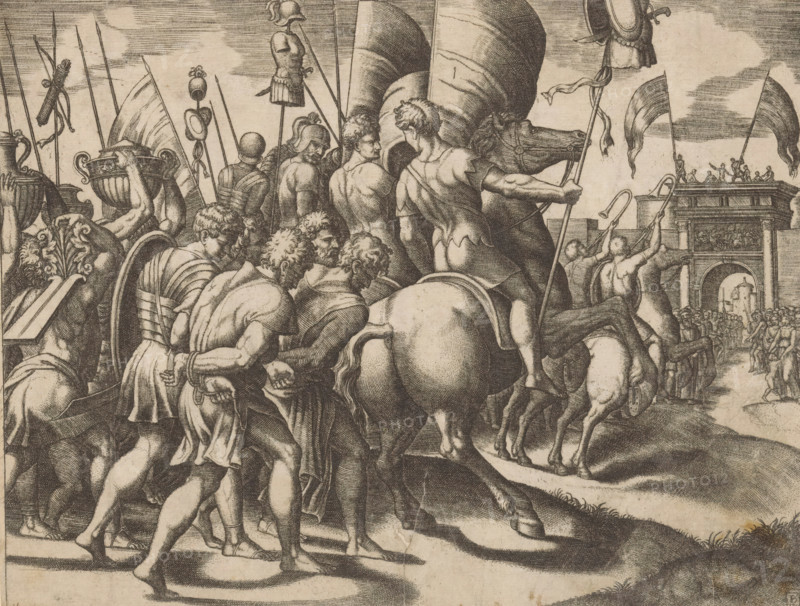 Triumph of Scipio, print, Triumphal procession of Scipio Africanus in Rome after his victory over the Carthaginian army. Behind the victors on horseback walk the chained vanquished. On the right a triumphal arch., printmaker: Master of the Dice, Italy, after design by Raphael, c. 1530 - c. 1560, paper, engraving, intaglio printmaking technique, engraving with plate tone, height 192 mm x width 246 mm, triumphal arch, A detailed monochrome engraving shows a crowded scene of soldiers and horses advancing toward a distant triumphal arch. Men in classical-style armor and tunics walk and ride, some carrying long spears and banners while others hold large urns and shields. Several figures wear helmets and plumed headgear, and some are partially turned, revealing muscular backs and limbs. Horses are harnessed and ridden by armored figures, their bodies rendered with shading and crosshatching. In the background, smaller figures stand atop the arch waving or gesturing, while a group of onlookers...