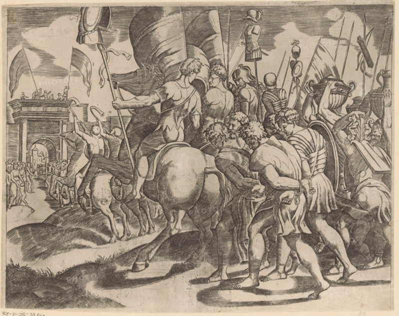 Triumph of Scipio, print, Triumphal procession of Scipio Africanus in Rome after his victory over the Carthaginian army. Behind the victors on horseback walk the chained vanquished. On the left a triumphal arch., after print by Master of the Dice, Italy, in or after c. 1530 - in or after c. 1560, Master of the Dice, printmaker, after print by, paper, engraving, intaglio printmaking technique, engraving with plate tone, height 194 mm x width 246 mm, triumphal arch, A monochrome engraving shows a crowded scene of figures and horses moving toward a distant archway and elevated platform where small figures stand; the foreground is filled with men shown from behind or in profile wearing short tunics and cloaks, some bareheaded and some wearing helmets and armor, carrying long spears, standards, and shields, with a large draped banner prominent near the center; several riders sit astride horses whose rounded rumps and legs are visible, and other men march with hands bound behind them; decora...