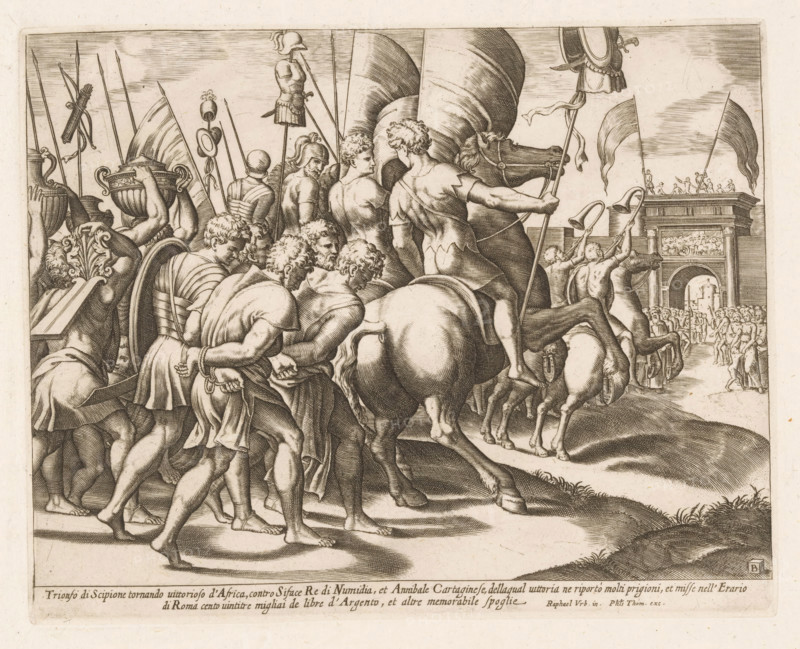 Triumph of Scipio, print, Triumphal procession of Scipio Africanus in Rome after his victory over the Carthaginian army. Behind the victors on horseback walk the chained vanquished. On the right a triumphal arch. Two lines of Italian text in the lower margin., printmaker: Master of the Dice, Italy, after design by Raphael, publisher: Philippe Thomassin, c. 1530 - c. 1560, paper, engraving, intaglio printmaking technique, engraving with plate tone, height 201 mm x width 252 mm, triumphal arch, A detailed monochrome engraving shows a crowded procession of armored and partially draped figures moving toward a monumental arch, with soldiers carrying spears, standards, and ornamental vessels, and several men shown bound and escorted with hands tied behind their backs; central figures include a man on horseback seen from behind holding a long pole and a group of muscular, curly-haired men walking barefoot, while in the foreground other figures bear shields and helmets and a carved ornamental ...
