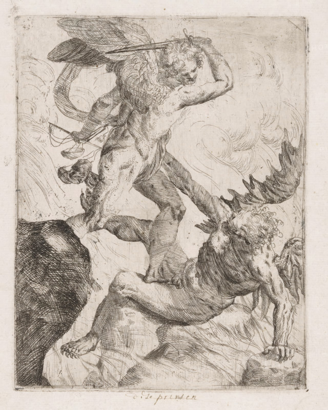 Archangel Michael fighting the devil, print, inscription: 'f - 1 - 10 - stver', inscription: 'These prints', printmaker: Giovanni Pietro Possenti, Italy, 1628 - 1659, paper, etching, intaglio printmaking technique, etching with plate tone, height 204 mm x width 159 mm, the Archangel Michael fighting the dragon (devil, Satan), A detailed engraving shows two male figures entwined in a dynamic struggle amid swirling lines that suggest movement. One figure is muscular with curly hair and wings attached to his back; he is shown from behind and above, raising an arm that holds a long, thin object while his other hand grasps a set of suspended scales. The second figure appears below and turned toward the viewer, with wings and curly hair, one arm braced against a rocky surface and the other reaching upward toward the first figure. The scene is rendered with dense crosshatching and fine lines, with textured rocks beneath the figures and flowing, cloudlike strokes around them. The overall palet...