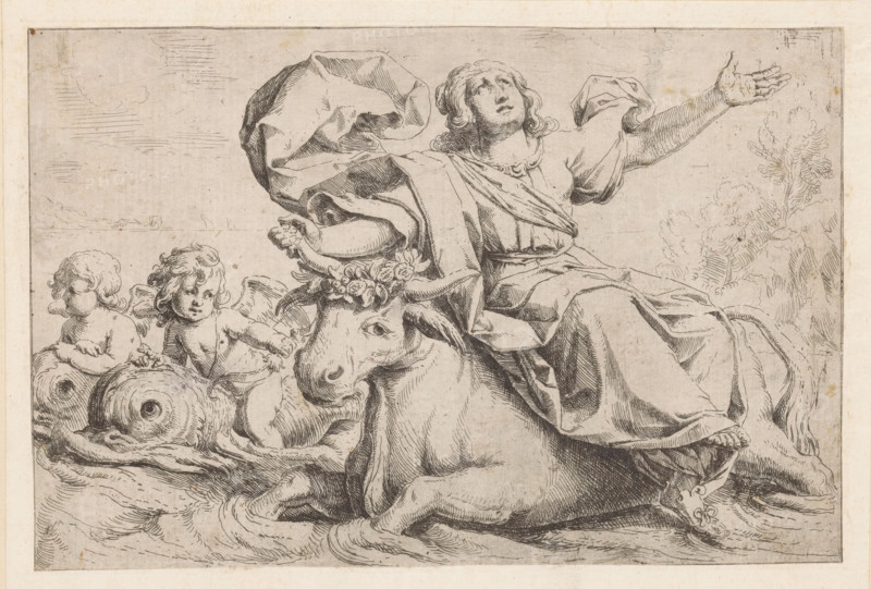 Jupiter and Europa, print, Jupiter in the form of a bull with Europa on his back. On the left two putti on dolphins., printmaker, after design by, Italy, Guido Reni, paper, etching, intaglio printmaking technique, etching with plate tone, height 162 mm x width 245 mm, cupids: 'amores', 'amoretti', 'putti', swimming mammals: dolphin, Jupiter, usually in the shape of a white bull, abducts Europa and carries her across the water, A detailed ink drawing shows a robed figure seated on a large reclining ox, the figure's flowing garments rendered with fine hatching and one arm raised while the head tilts upward. The ox wears a floral garland around its horns and looks forward with a calm expression. Two winged putti sit beside the ox, one holding a rounded object and the other looking toward the viewer, their curly hair and small wings sketched with delicate lines. Drapery and folds cascade over the animal and the seated figure, with textured shading defining contours. Cloudy sky lines and di...
